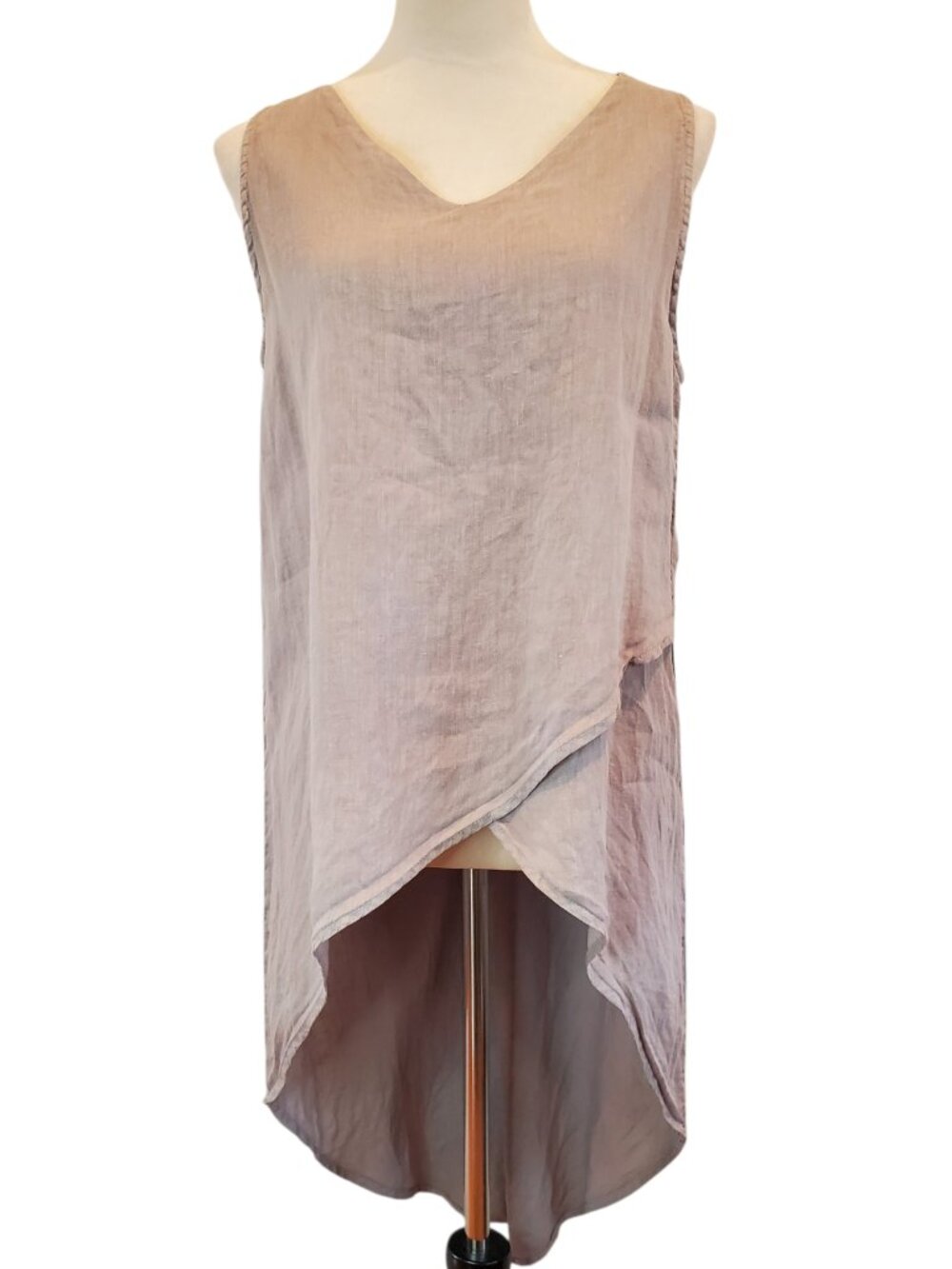 PURE MATCH SZ M 100% Linen Sleeveless Hi Low Tunic Top Gray/Brown Made in USA
